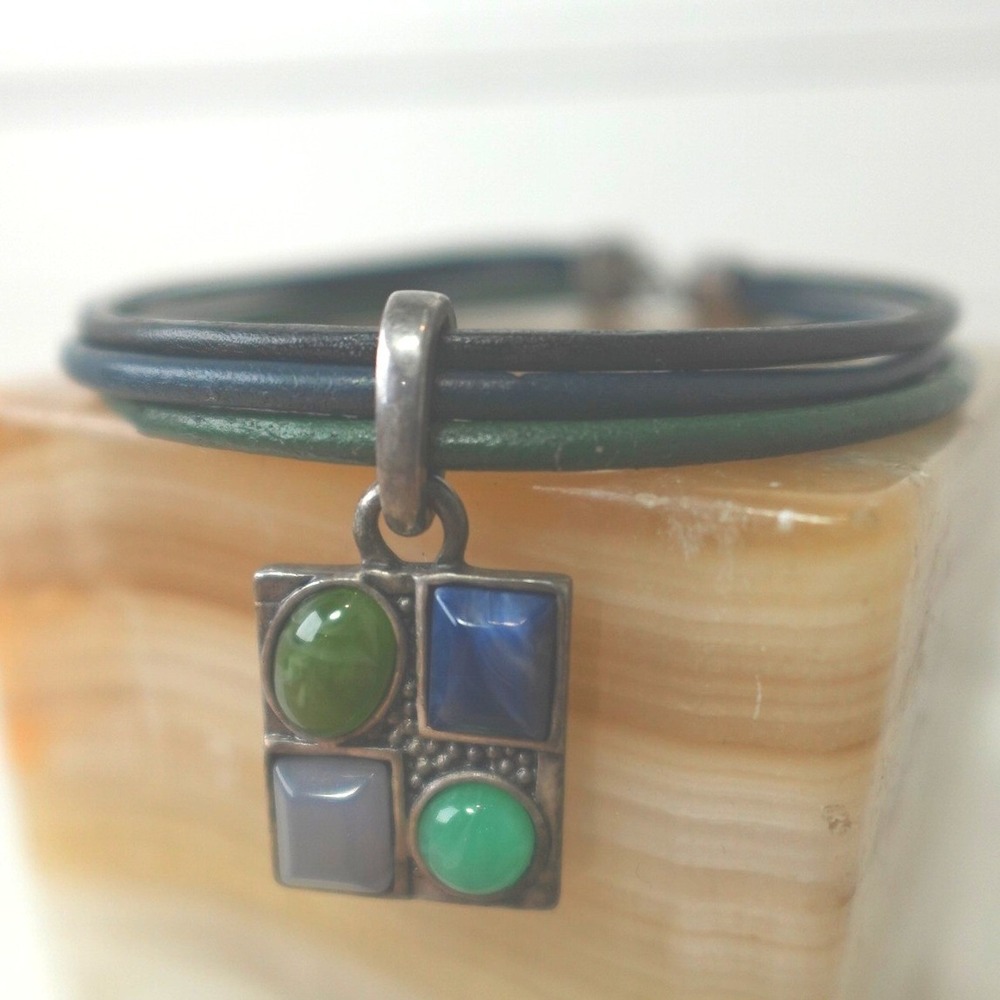 Vintage Silver Pendant Leather Multi-strand Bracelet Inlay Mosaic Gemstones